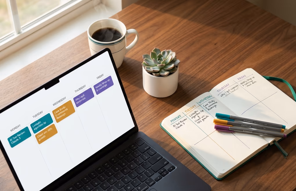 Split view of a laptop a digital content calendar alongside an open paper planner with handwritten post ideas and colored