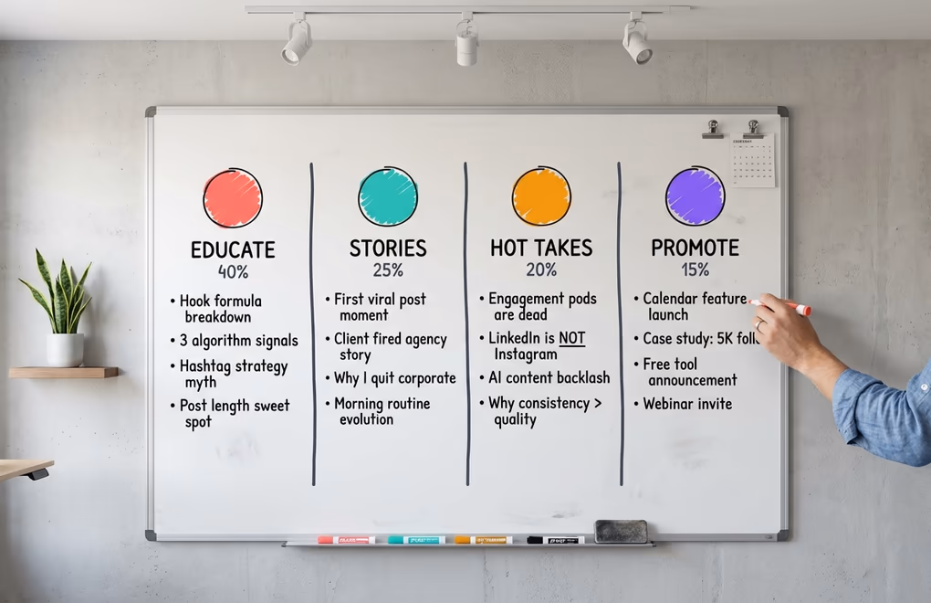 Whiteboard with four content bucket categories drawn in colored markers with example LinkedIn post ideas listed under