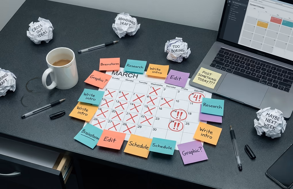 Crumpled paper and crossed-out calendar pages scattered on a desk next to a laptop an empty content calendar with missed
