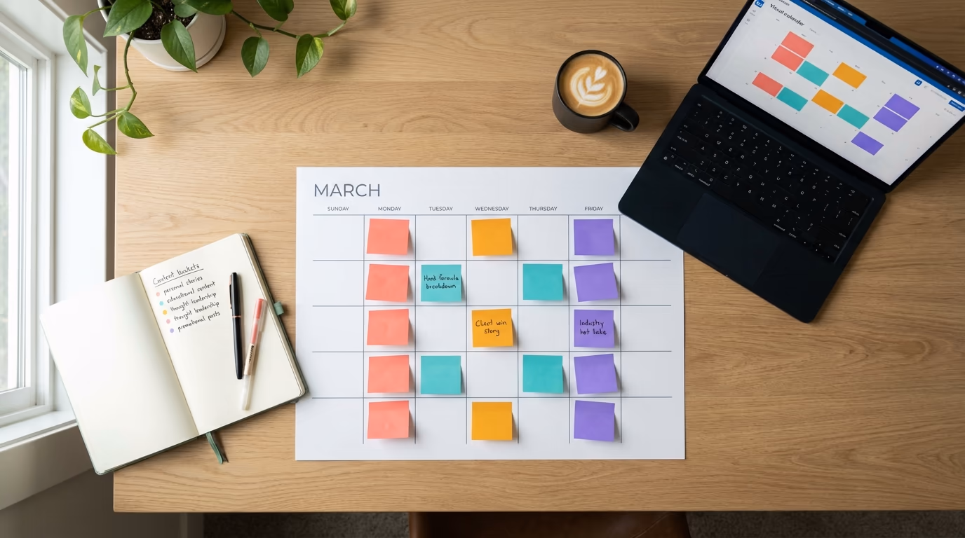 A clean monthly content calendar spread across a desk with color-coded sticky notes LinkedIn content themes