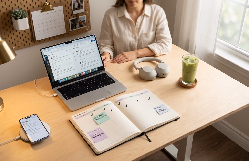Organized desk workspace with a weekly planner content batching zones for ideation, writing, scheduling across days