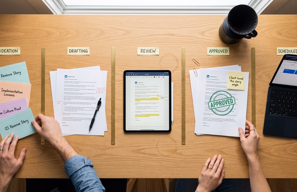 Visual workflow pipeline five stages of agency content creation from ideation through approval to scheduled publishing