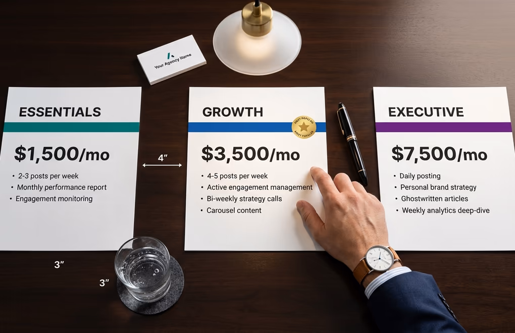Professional agency proposal document three LinkedIn management service tiers with pricing, deliverables