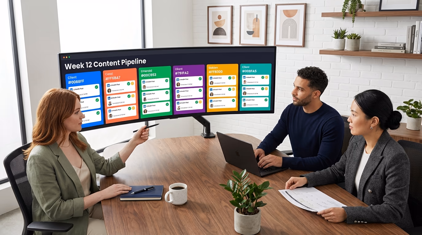 Agency team managing LinkedIn content for clients on a large dashboard with color-coded client columns and approval workflows
