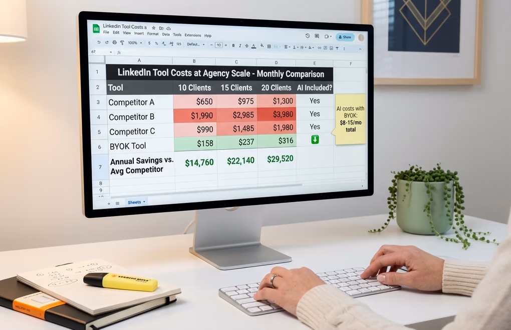 Financial spreadsheet comparing monthly costs of LinkedIn management tools for an agency managing 10, 15, 20 client accounts