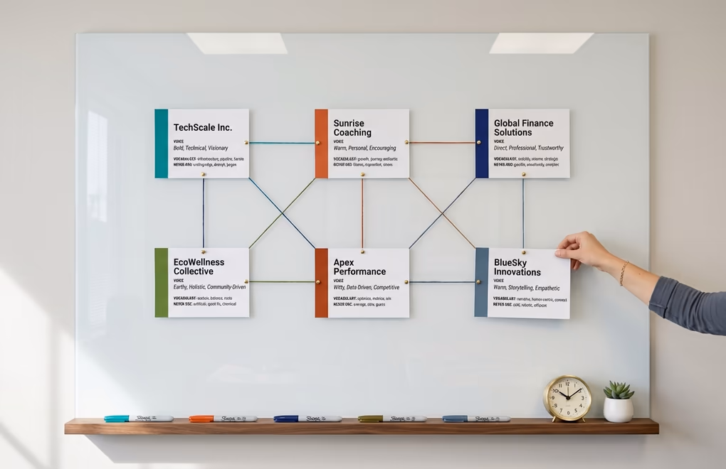 Agency wall client voice profile cards with unique tone descriptors, vocabulary preferences, brand color coding for each