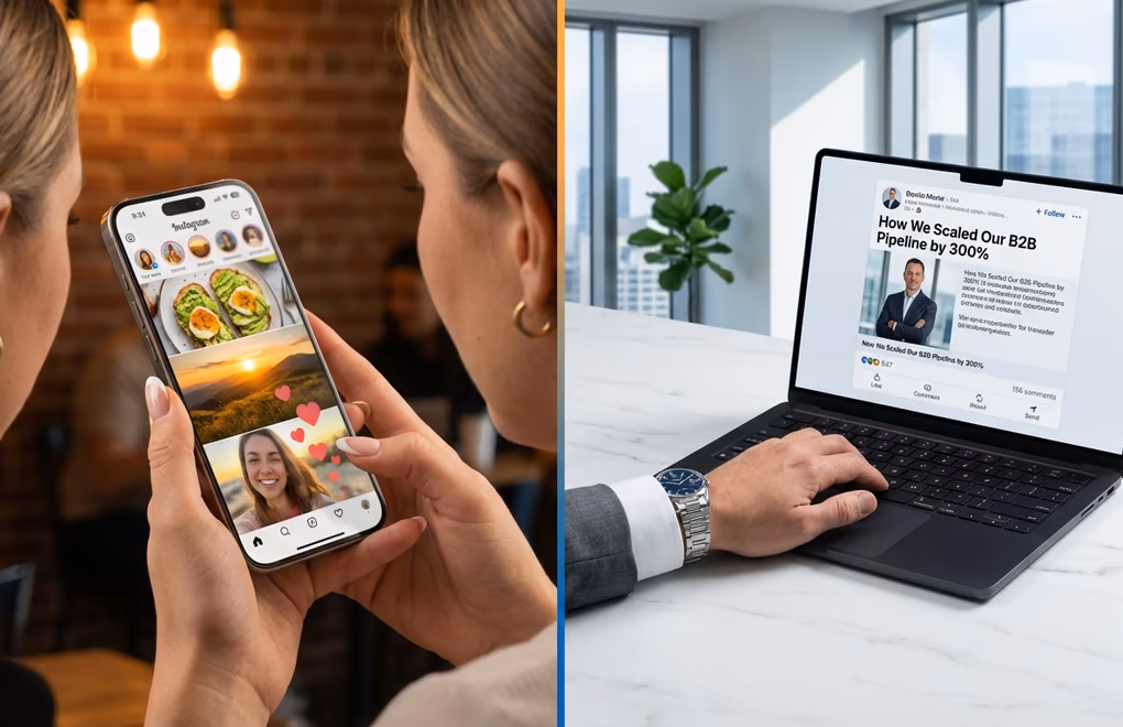 Split-screen comparison casual social media content on one side and professional LinkedIn content on the other