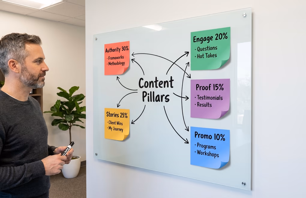 Content strategy board showing five coaching content pillars organized with sticky notes and connecting lines on a glass wall