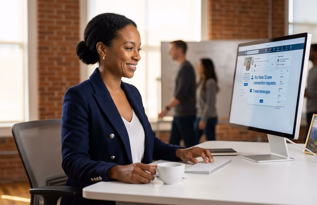 LinkedIn platform showing coaching-related content feed with professional engagement metrics and connection requests