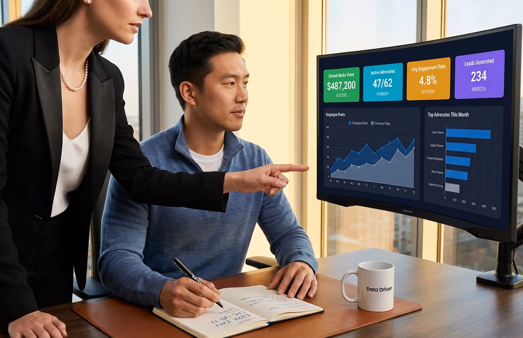Analytics dashboard employee advocacy metrics including earned media value, engagement rates, website referrals