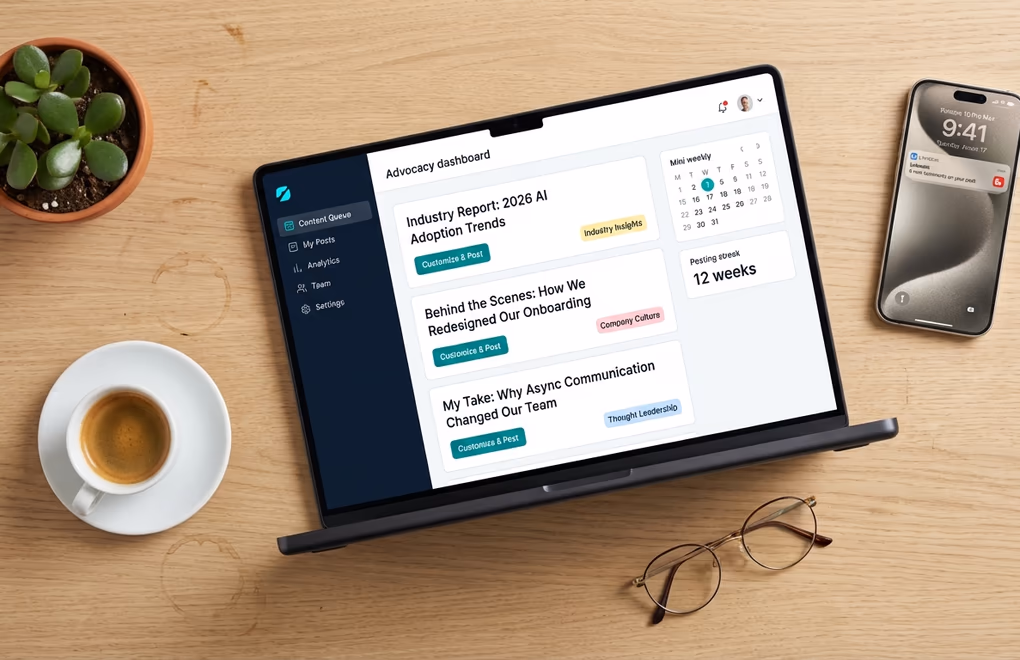 Clean dashboard interface with a content queue with pre-written post suggestions, one-click sharing buttons
