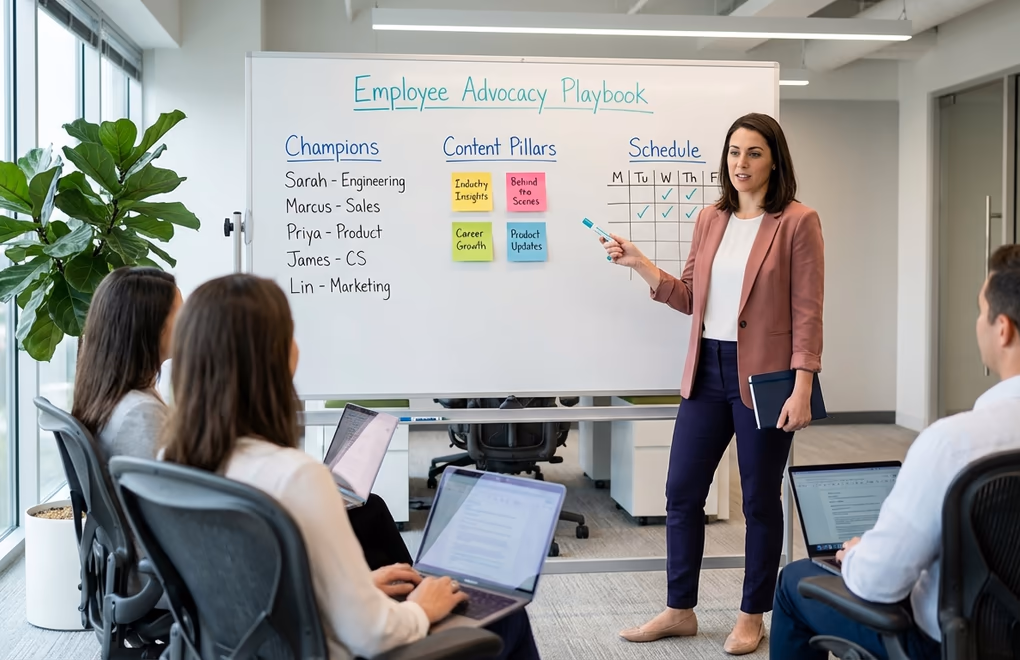Marketing team leader presenting an employee advocacy strategy on a whiteboard with post-it notes content categories and