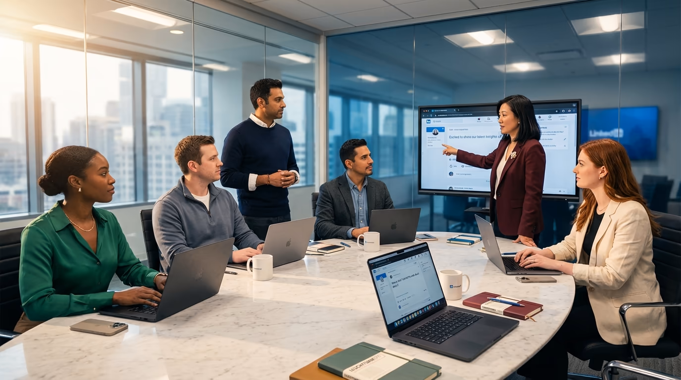 Team of employees gathered around a conference table with laptops and phones, each sharing LinkedIn content that radiates