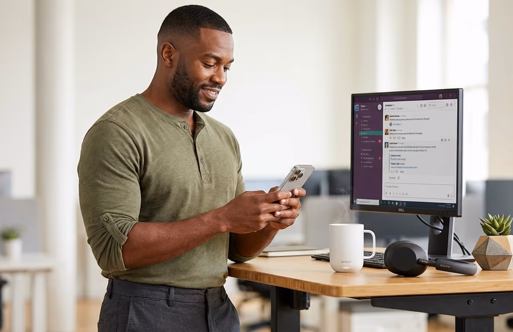 Professional at a standing desk crafting a LinkedIn post on their phone, with thought bubbles personal stories