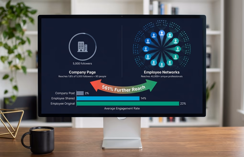 Data visualization comparing company page reach versus combined employee network reach on LinkedIn