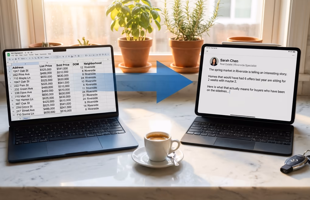 Split view of raw market data transforming into a polished LinkedIn post draft through an AI content creation workflow