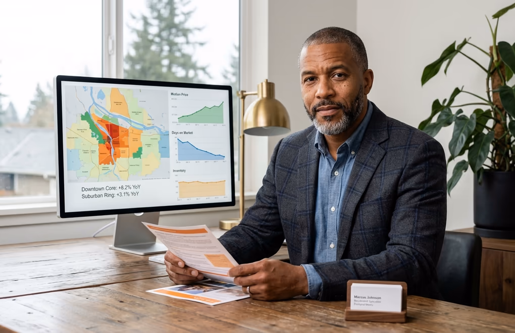 Real estate professional presenting a local market analysis report with neighborhood maps and property trend charts