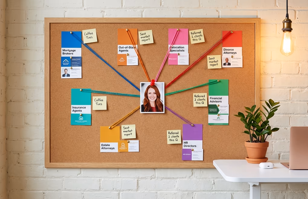 Network visualization connections between a real estate agent and professionals like mortgage brokers, attorneys