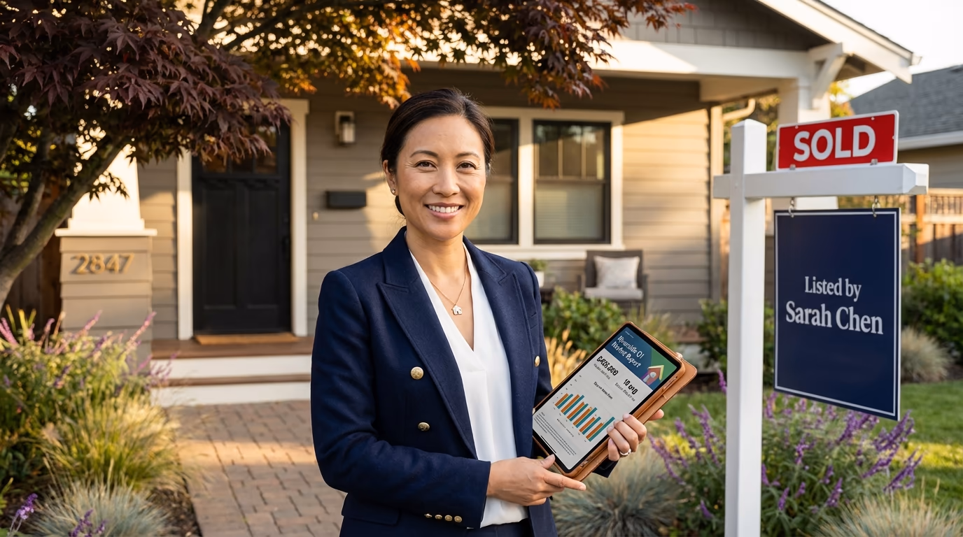 Real estate agent reviewing a neighborhood market report on a tablet while standing in front of a modern house with a