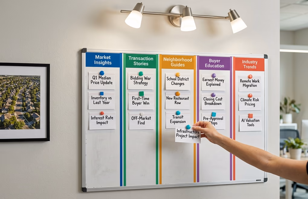 Content strategy board showing five real estate LinkedIn content pillars with example post formats for each category