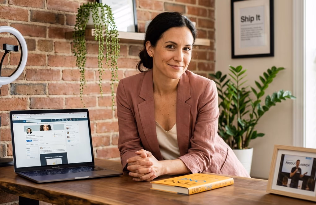SaaS founder recording a personal thought leadership video at their home office desk with product mockups visible