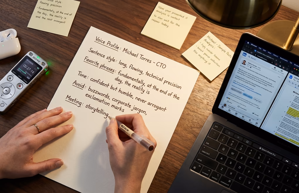 Close-up of handwritten interview notes and voice analysis annotations spread across a desk alongside a recording device