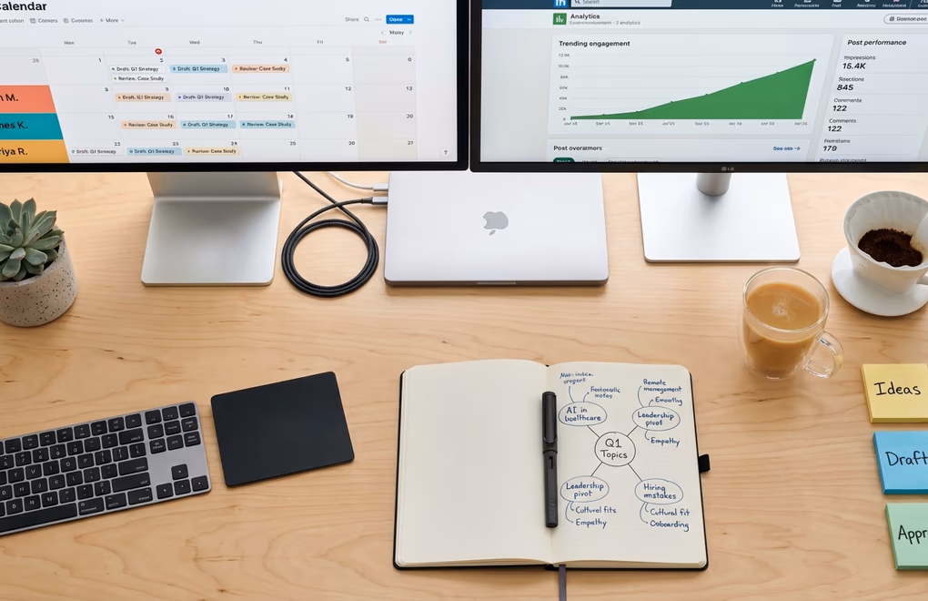 Organized desktop setup with research tools, writing software, scheduling platforms open across dual monitors in a