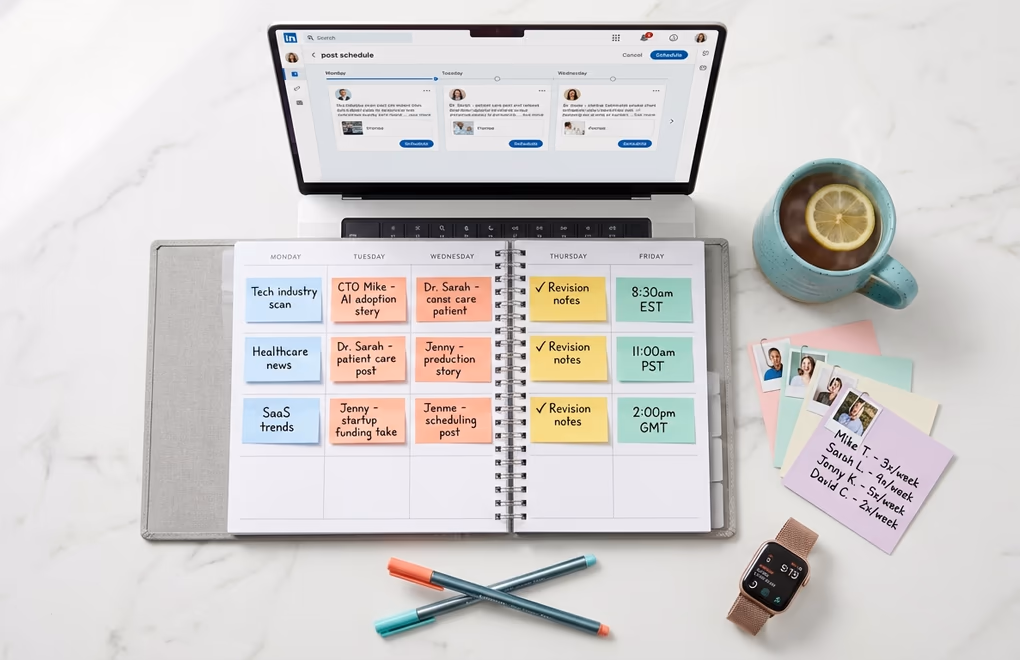 Overhead view of a weekly planner with color-coded client content blocks, surrounded by a laptop scheduled LinkedIn posts