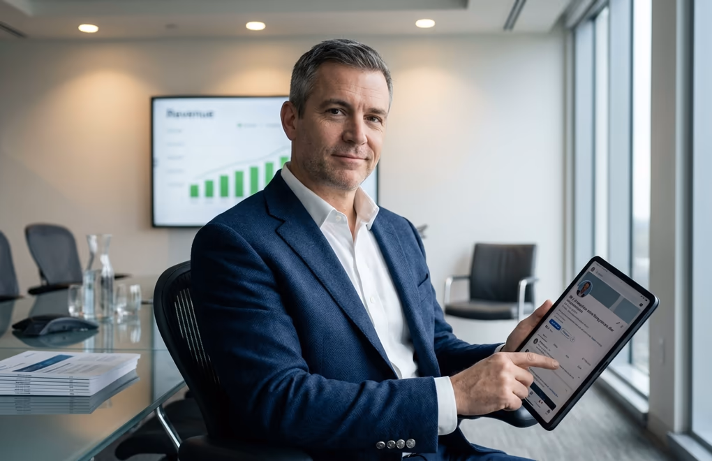 Executive reviewing LinkedIn content on a tablet during a meeting break, the demand for professional ghostwriting services