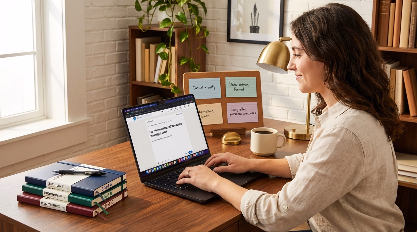 LinkedIn ghostwriter's creative home office workspace with client voice profiles, handwritten notes, a laptop draft content