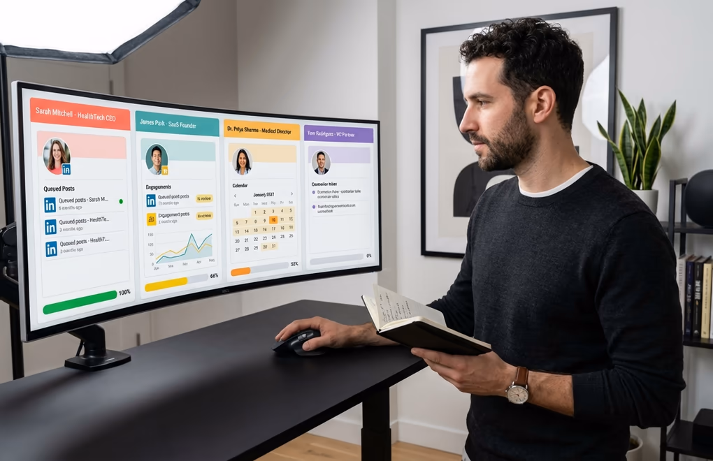 Split-screen view of client LinkedIn profiles with distinct visual branding and voice notes, managed from a single