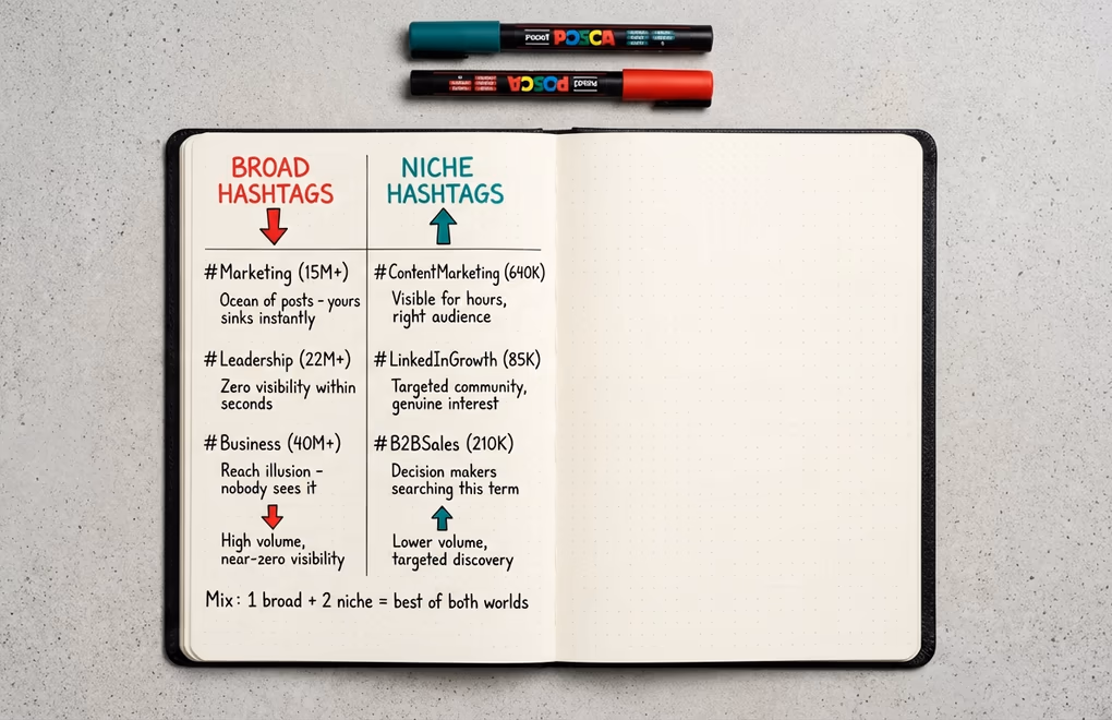 Two columns on a notepad comparing broad hashtags with millions of followers versus niche hashtags with targeted audiences