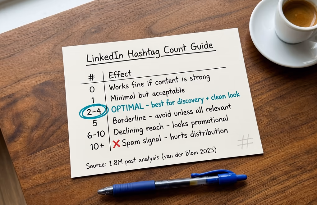 Notecard on a desk showing hashtag count recommendations with 2-4 highlighted as the optimal range