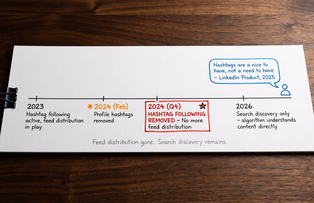 Timeline LinkedIn's hashtag feature changes from 2023 to 2026, with the key 2024 removal of hashtag following highlighted