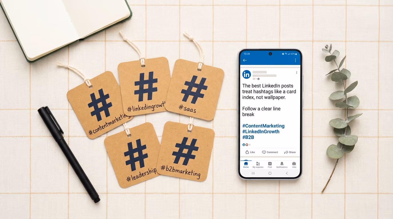 Flat-lay of physical hashtag symbol tags on a desk beside a phone showing a LinkedIn post with 3 hashtags at the bottom