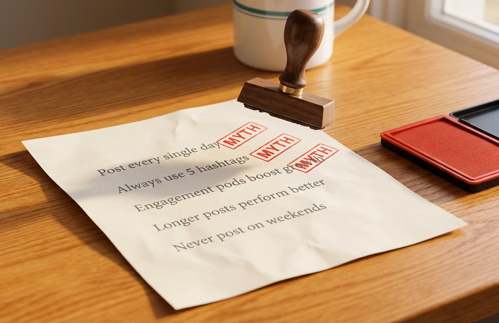 A rubber stamp pressing a red MYTH BUSTED mark onto a piece of paper with common LinkedIn advice written on it