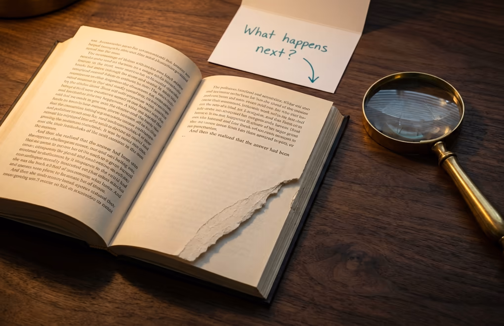 An open book with the last page torn out lying on a dark desk beside a magnifying glass the curiosity gap that hooks create