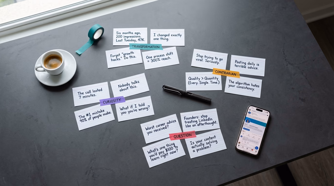 Scattered index cards on a desk with handwritten LinkedIn hook examples organized by colored category labels with a phone