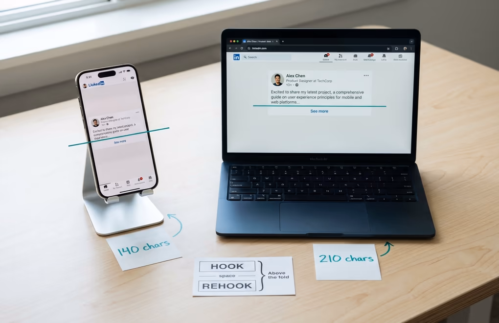 Side-by-side comparison of a LinkedIn post on mobile and desktop exactly where the See More cutoff appears and the hook