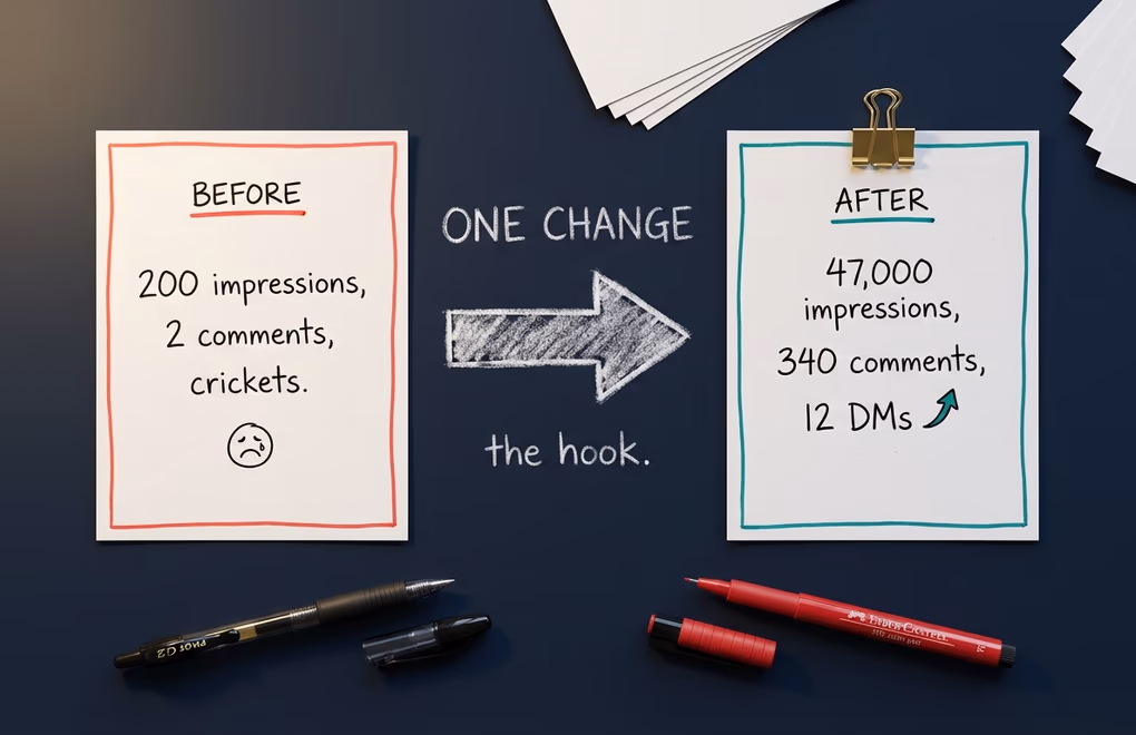 Two large cards with a before and after state connected by an arrow, how transformation hooks create narrative tension