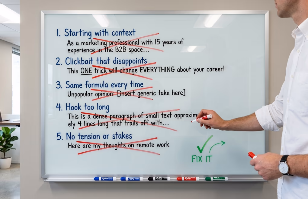 Red X marks over examples of bad LinkedIn hooks written on a whiteboard in a modern office