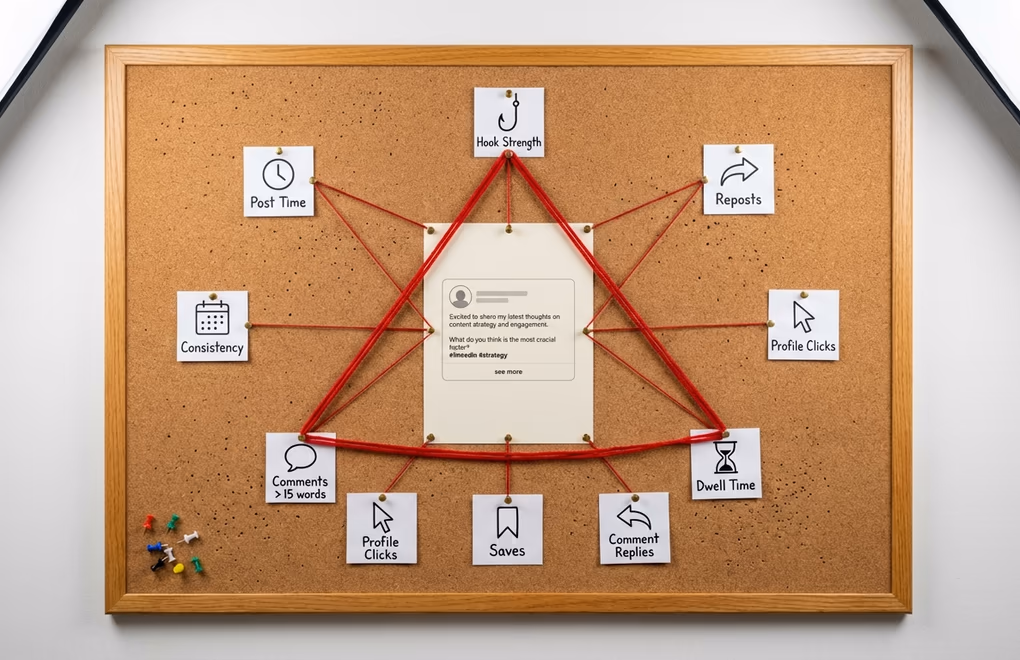 Abstract visualization of algorithmic signals flowing from a LinkedIn post outward to a growing network