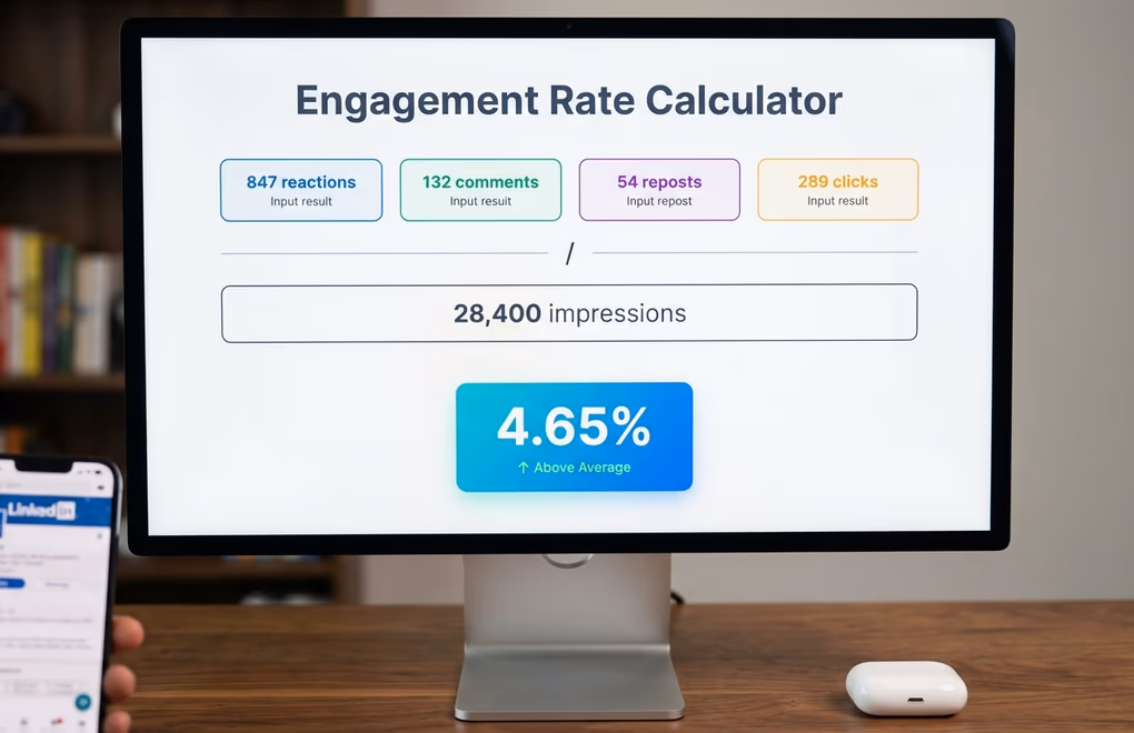 Close-up of engagement rate calculation on a screen showing reactions, comments, and shares divided by impressions