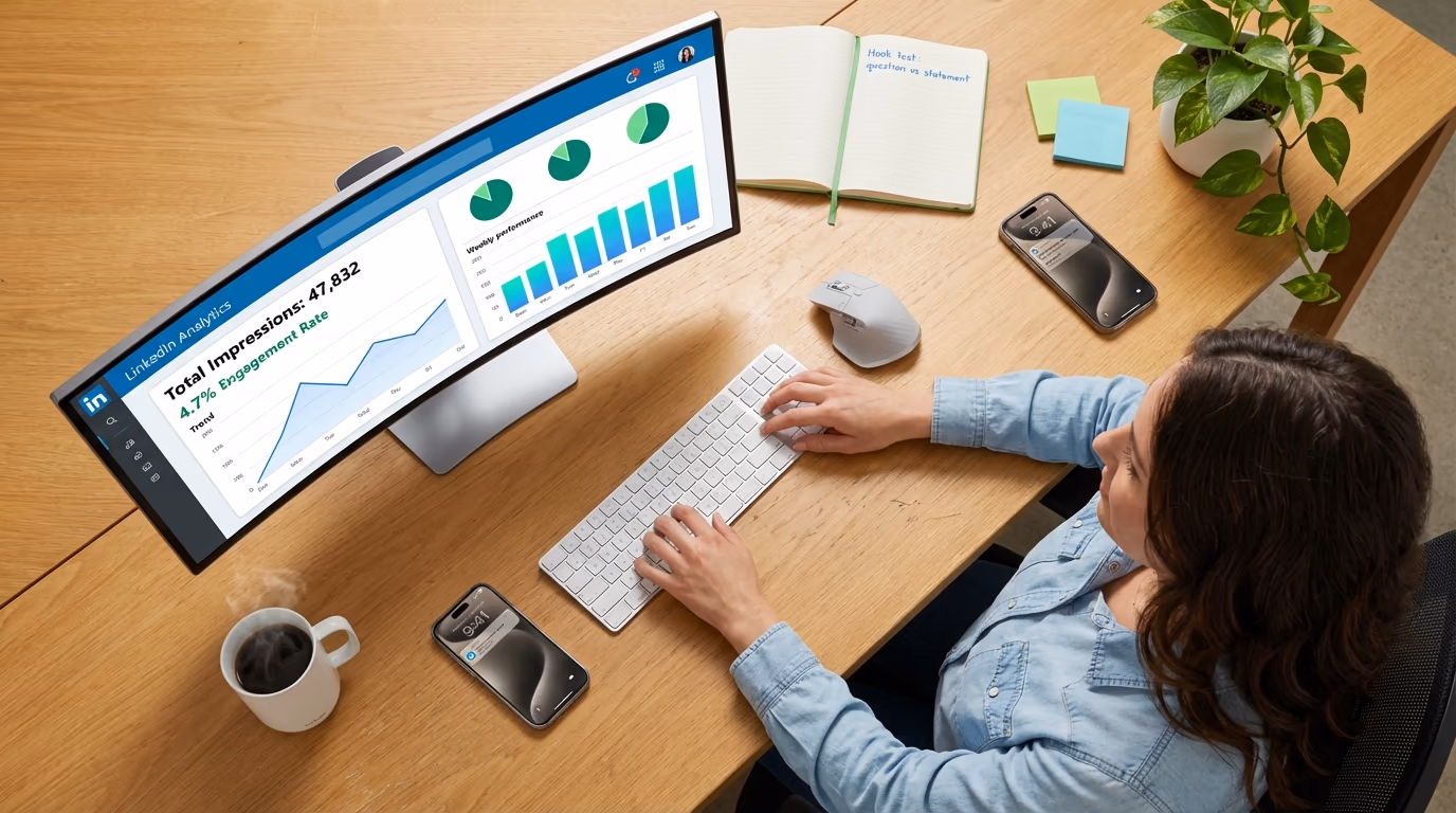 Overhead view of a professional analyzing LinkedIn impression data on a large curved ultrawide monitor with engagement