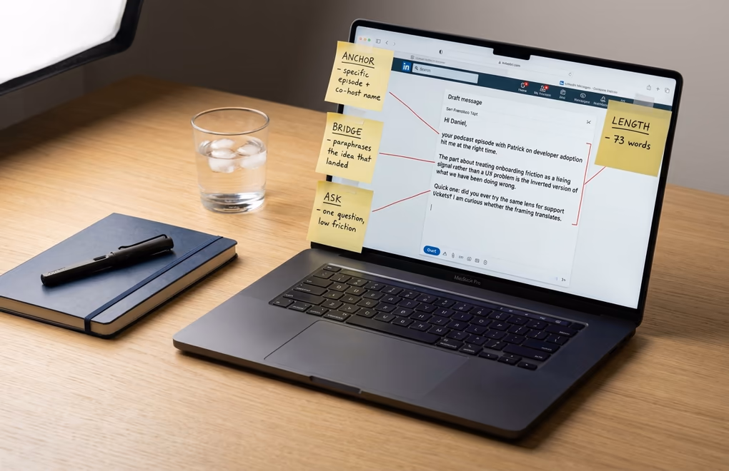 LinkedIn message draft on a laptop screen with labeled annotations the opening hook, context anchor, frictionless question