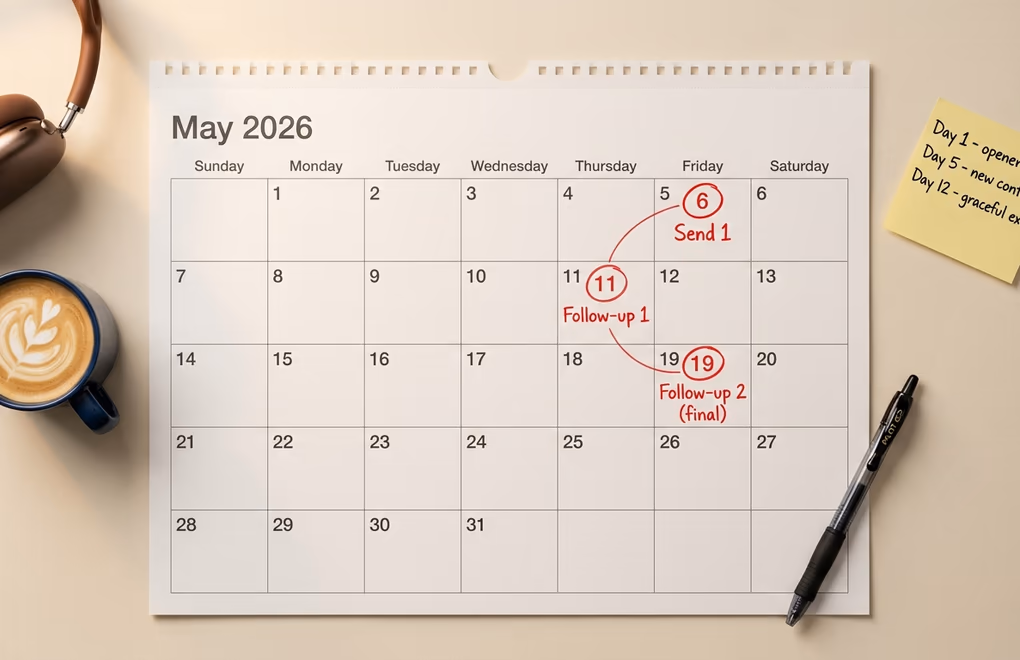 Desk calendar with circled follow-up dates and a sticky note showing a three-touch LinkedIn outreach cadence