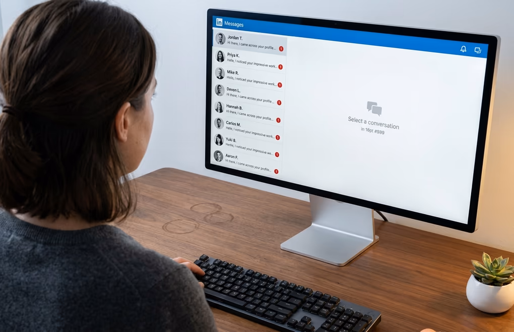Crowded LinkedIn inbox showing multiple unread messages with similar generic openers and bold notification badges