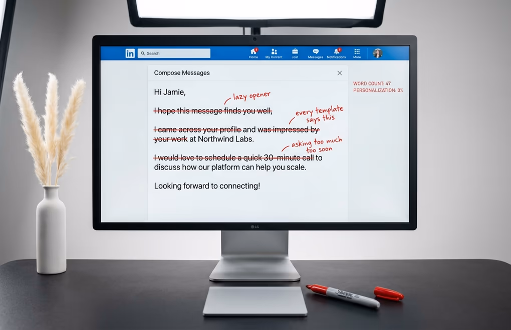 Computer monitor with a LinkedIn message draft with red strikethrough marks over generic phrases like I came across your