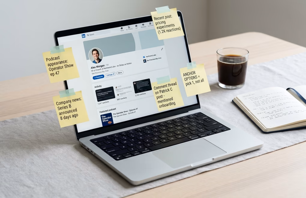 Laptop screen with a LinkedIn profile with sticky notes around it recent posts, company news, a podcast appearance