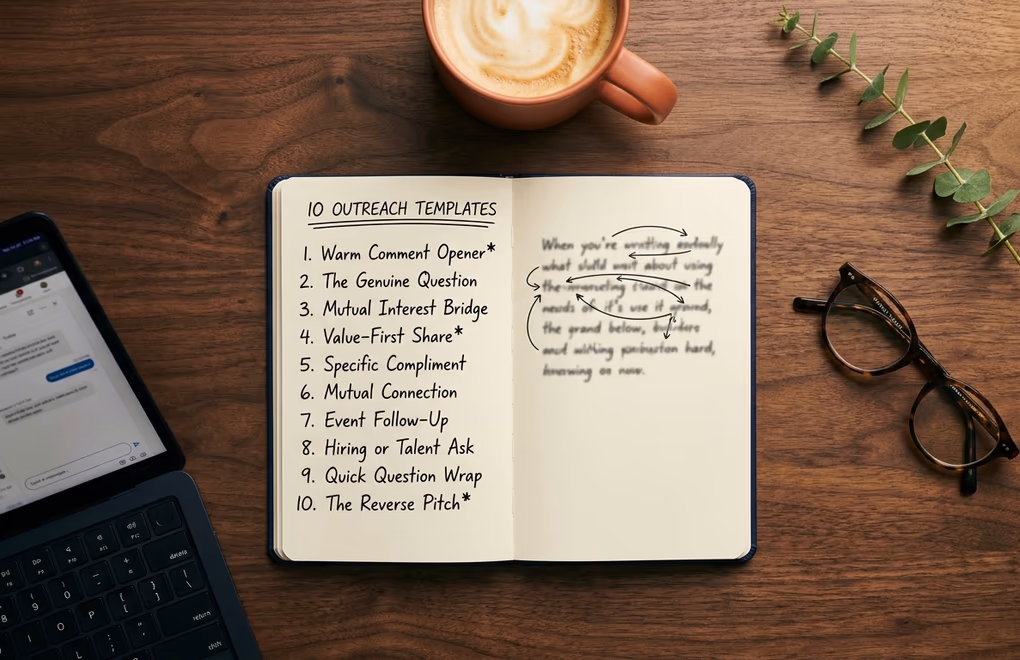 Open notebook with handwritten outlines of ten LinkedIn outreach message frameworks next to a coffee cup and a laptop the
